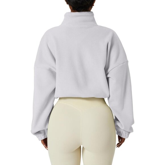 Women's White Zip Fleece Warm Winter Long Sleeve Stand Collar Sherpa Jacket - Picture 5 of 5